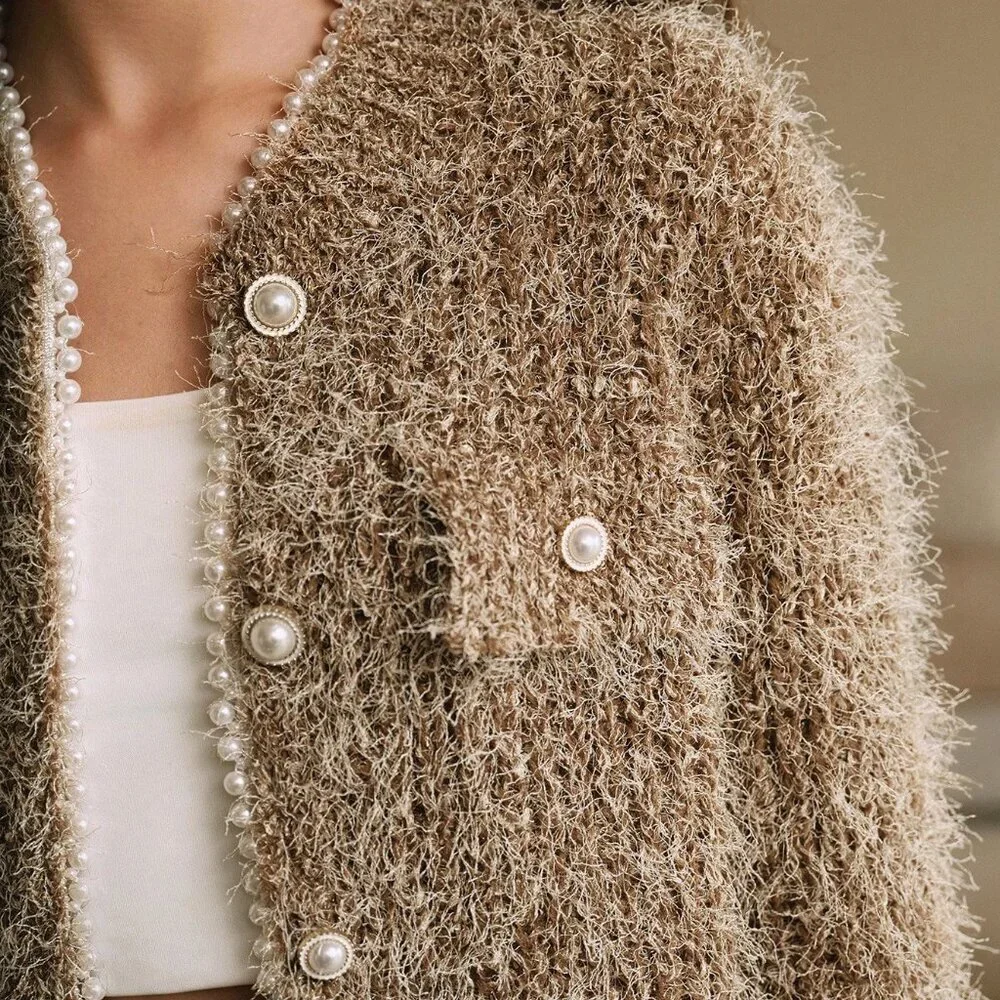 Brown Casual Women's Round Neck Pearl Chain Decoration Fuzzy Knit Cardigan - Picture 7 of 7